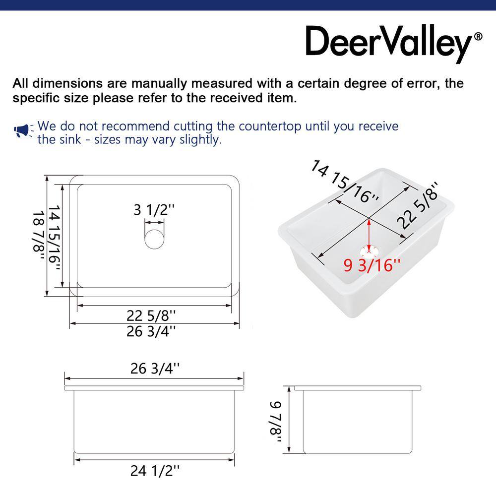 DEERVALLEY Glen White Fireclay Rectangular 27 in. Single Bowl Undermount Kitchen Sink with Bottom Grid and Basket Strainer DV-1K509