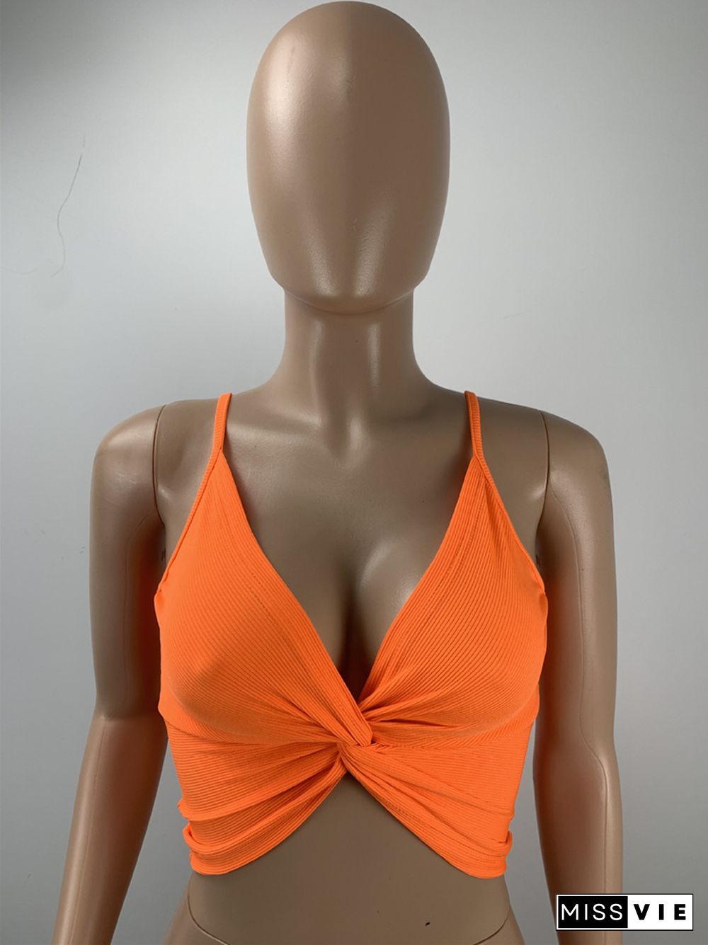 Deep V-Neck Ruched Knot Front Camisole Crop Top