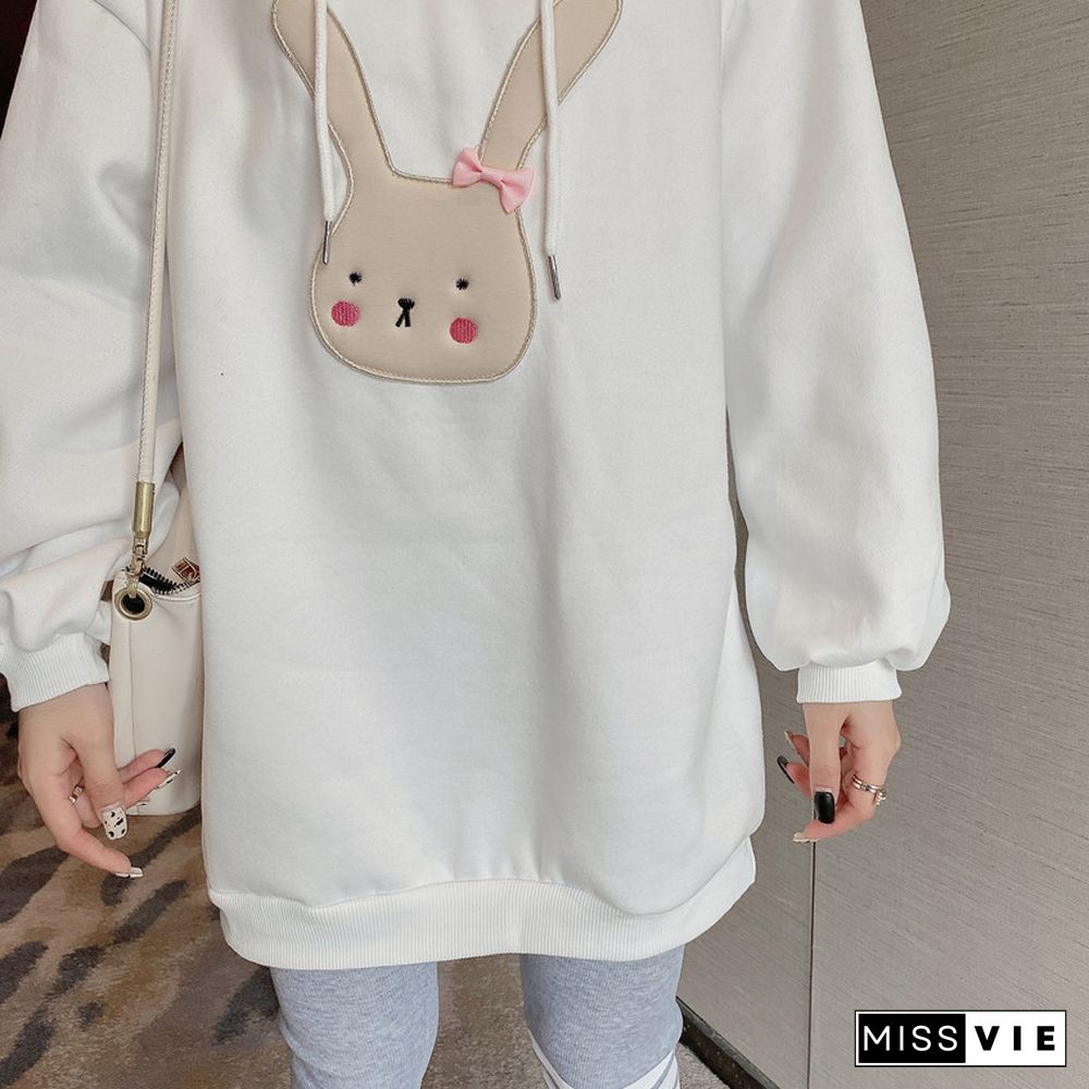 Winter Kawaii Rabbit Hooded Sweatshirt Women Preppy Style White Hoodies Female Oversize Pullover Tops Clothes For Teens