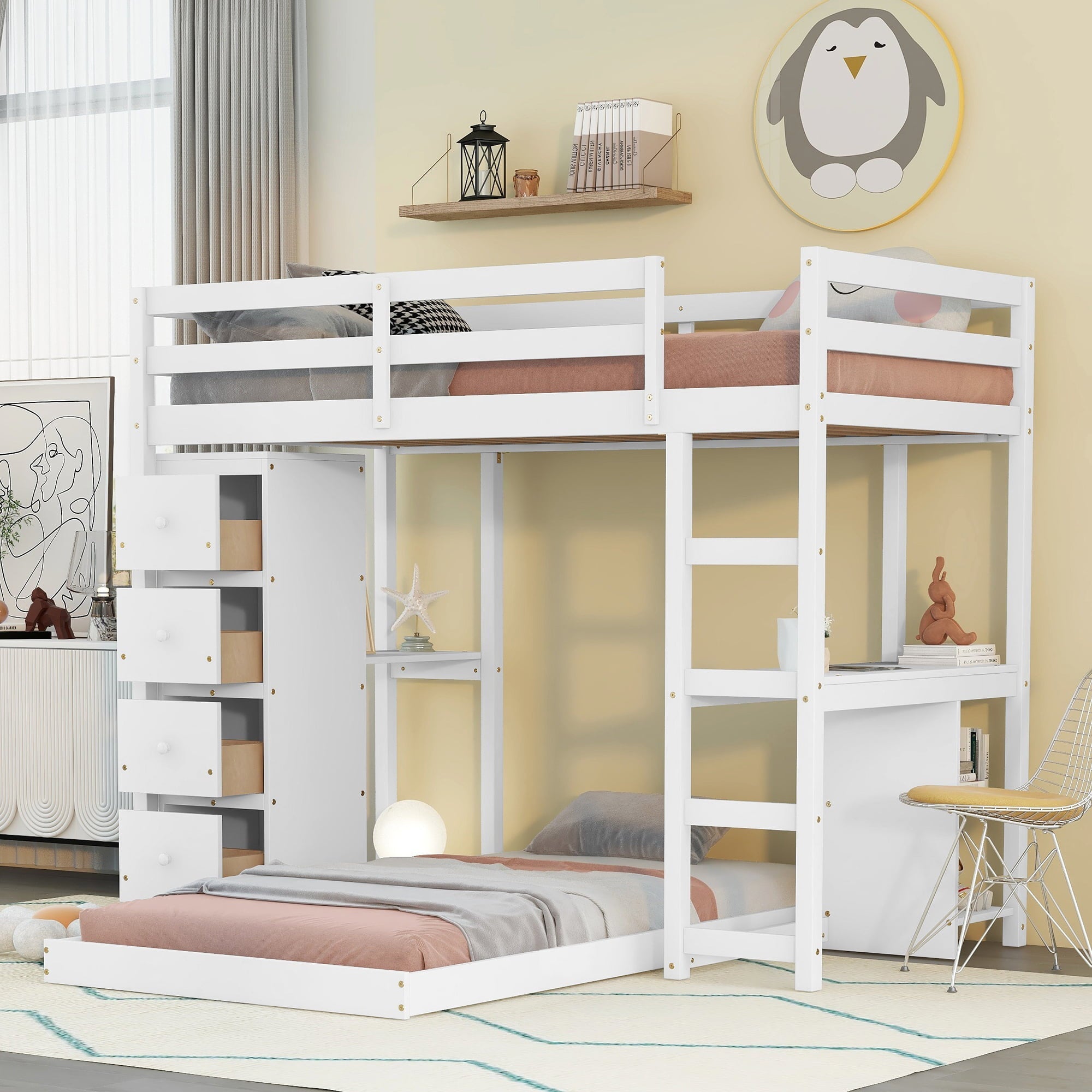 Euroco Twin over Twin Loft Bed with Drawers for Kids, White