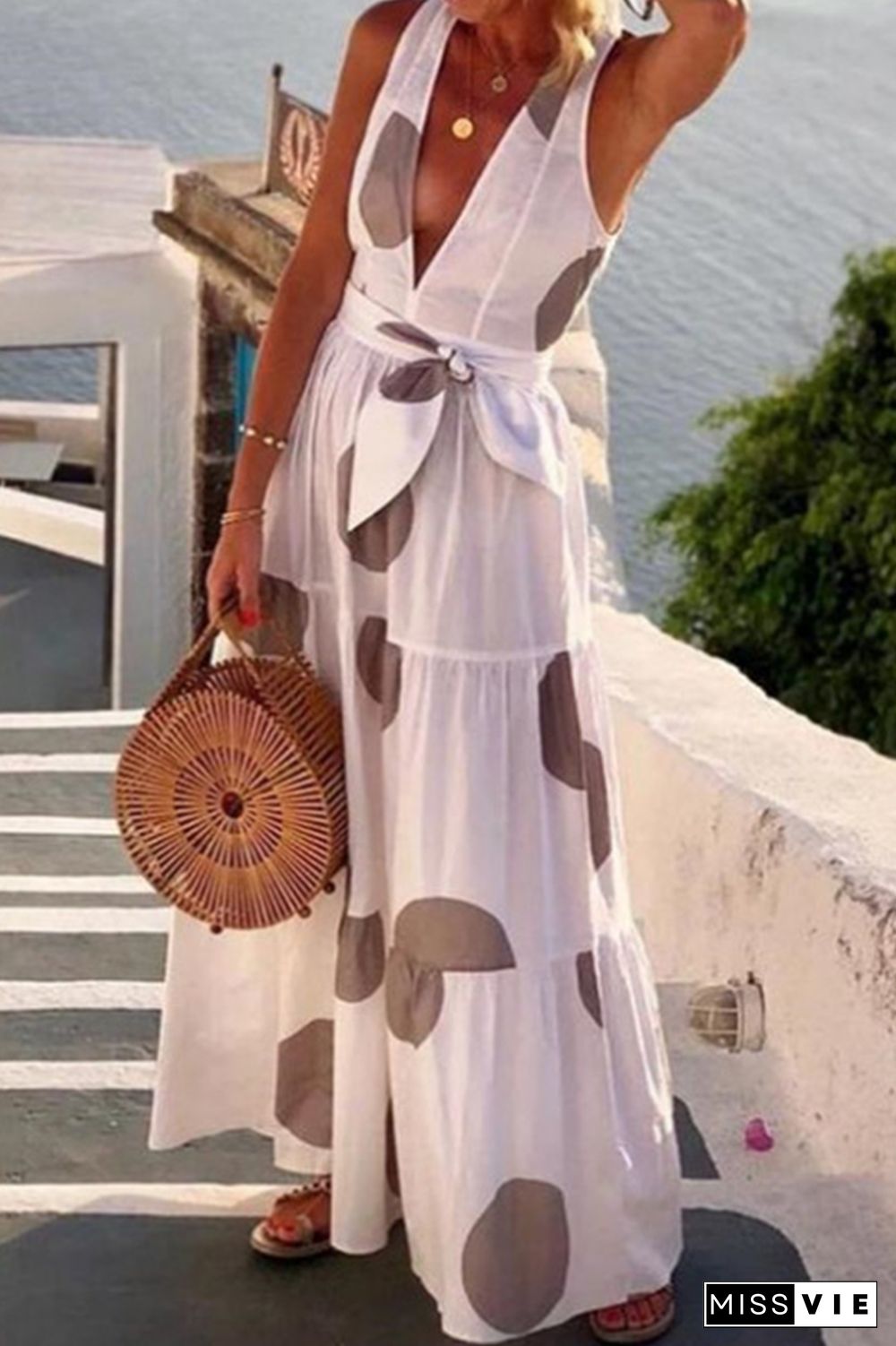 Vacation Print Stitching V Collar Sleeveless Maxi Dress