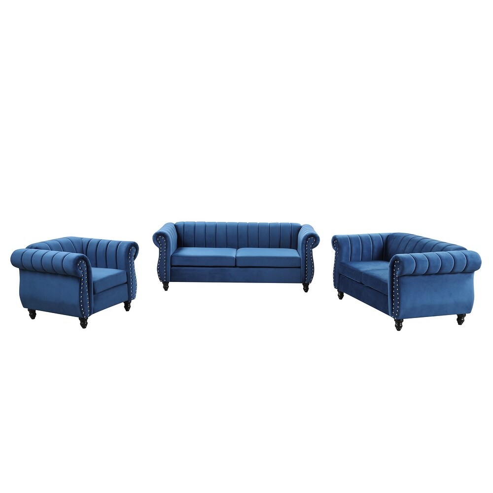 Blue Frosted Velvet Tufted Chesterfield Sofa Set  3 Seater + Loveseat + Single Sofa