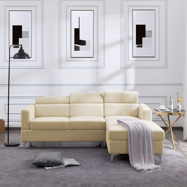 3 Seat L-shaped Sectional Sofa Velvet Upholstered Sofa and Right Hand Facing Chaise with Adjustable Headrest and Metal Legs