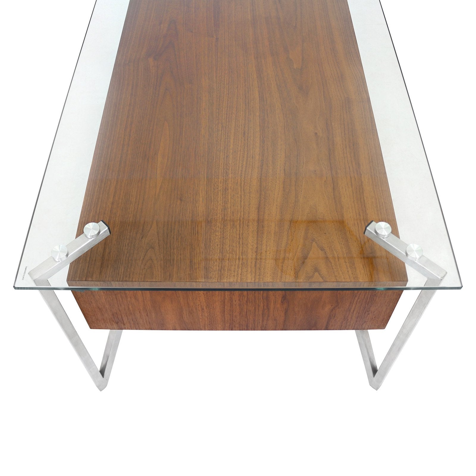 Hover Contemporary Coffee Table with Brushed Stainless Steel Frame, Walnut Wood Shelf, and Clear Glass Top