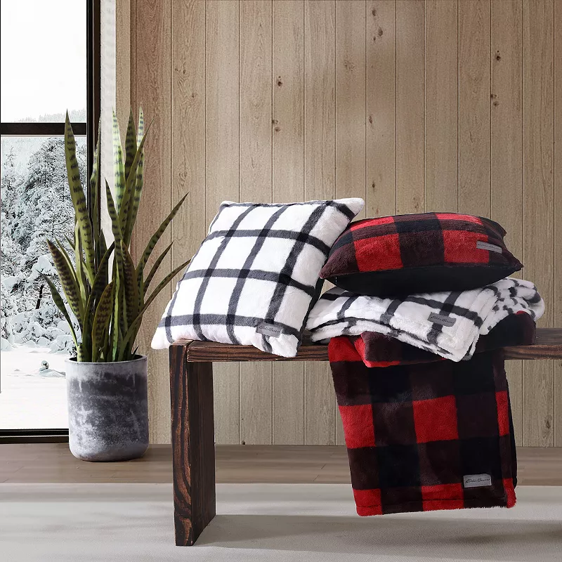 Eddie Bauer Cabin Buffalo Plaid Red Faux Fur Throw and Pillow Set