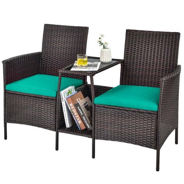 Tangkula Patio Loveseat 2 Person Cushioned Seats With Center Table Outdoor Rattan Furniture Set Turquoise Red