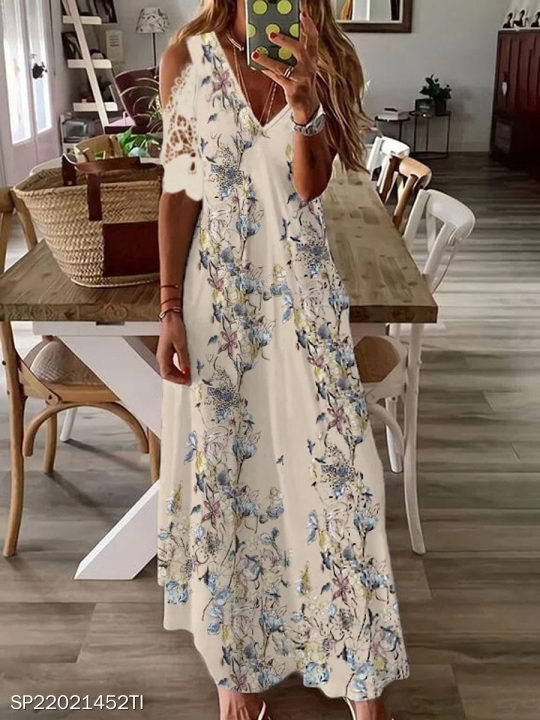 V-neck Floral Print Casual Short Sleeve Maxi Dress