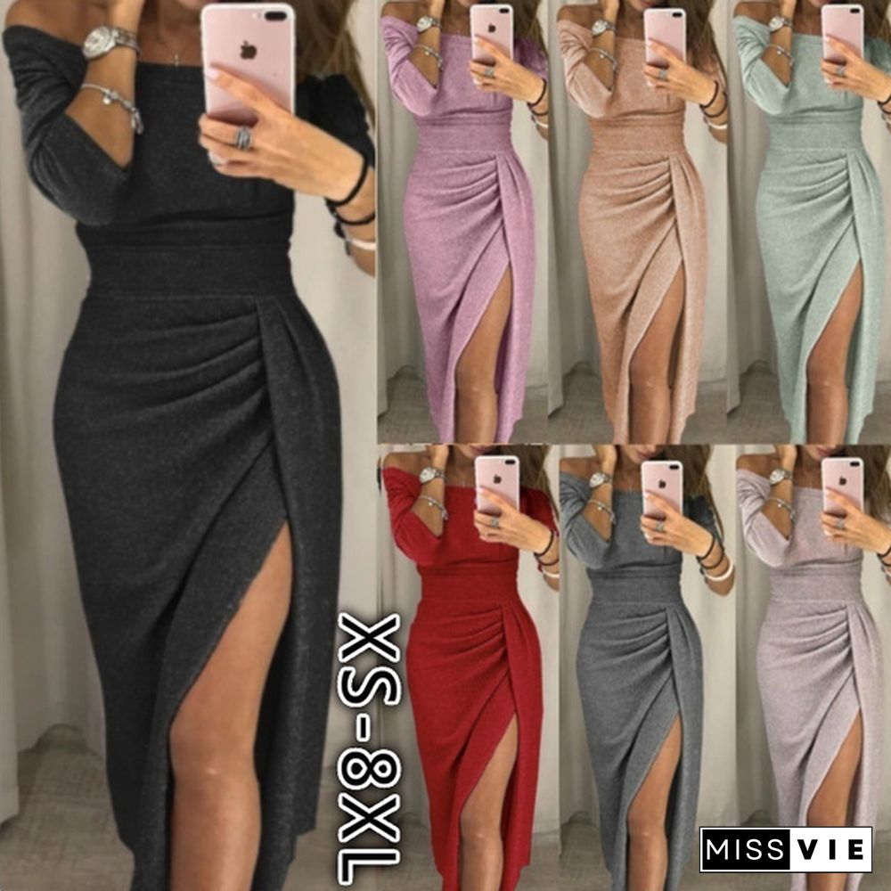 Women Off Shoulder Party Dresses High Slit Bodycon Dress Long Sleeve Fashion Prom Dress Skirt Plus Size Xs-8Xl