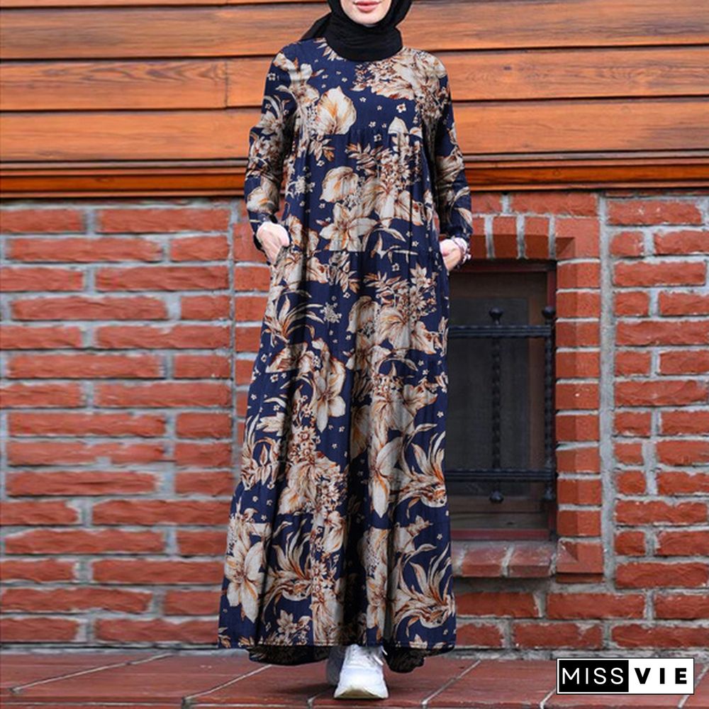 ZANZEA Women Floral Printed Autumn Muslim Kaftan Abaya Long Dress Bohemian Kaftan Baggy Maxi Dress Dubai Islam Flota