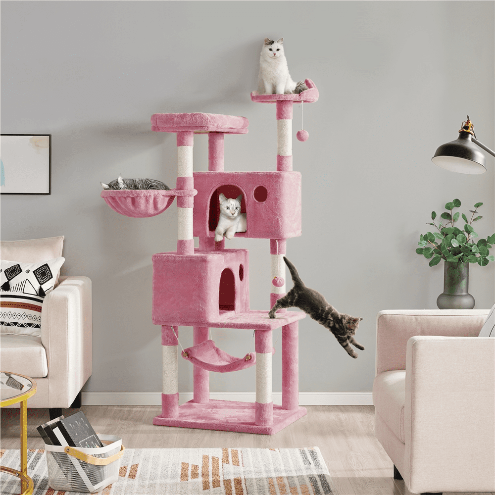 Easyfashion 64'' Multi-level Cat Tree Cat Tower with Condos and Scratching Posts， Pink