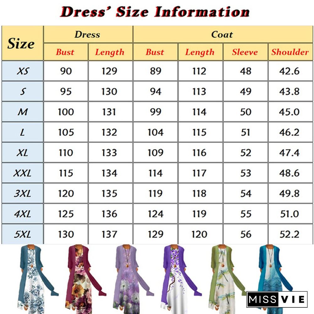 2 Pieces Fashion Set Women Round Neck Sleeveless Dresses with Long Sleeve Pure Color Transparent Coat Ladies Elegant Party Dresses Floral Print Full Length Maxi Dresses Long Cardigans