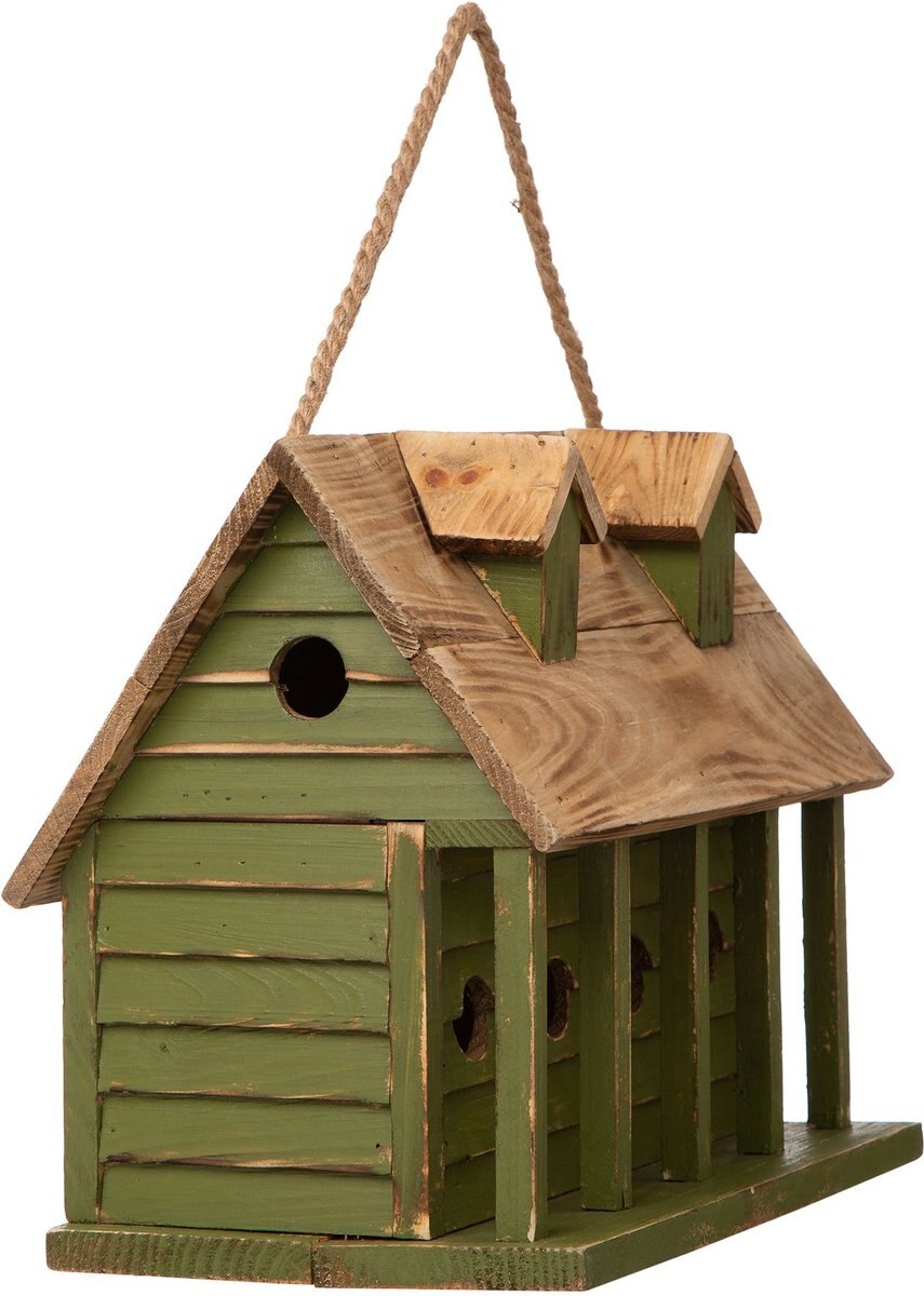 Glitzhome Wood Distressed Garden Birdhouse， Green