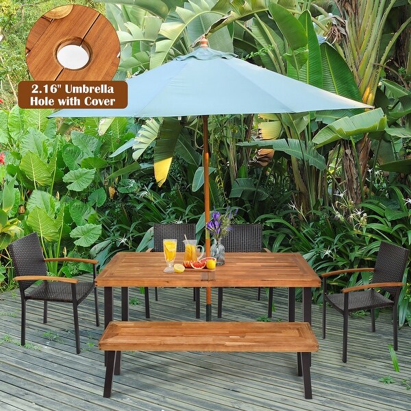 Patio Wood Dining Table Outdoor Picnic Table with Umbrella Hole