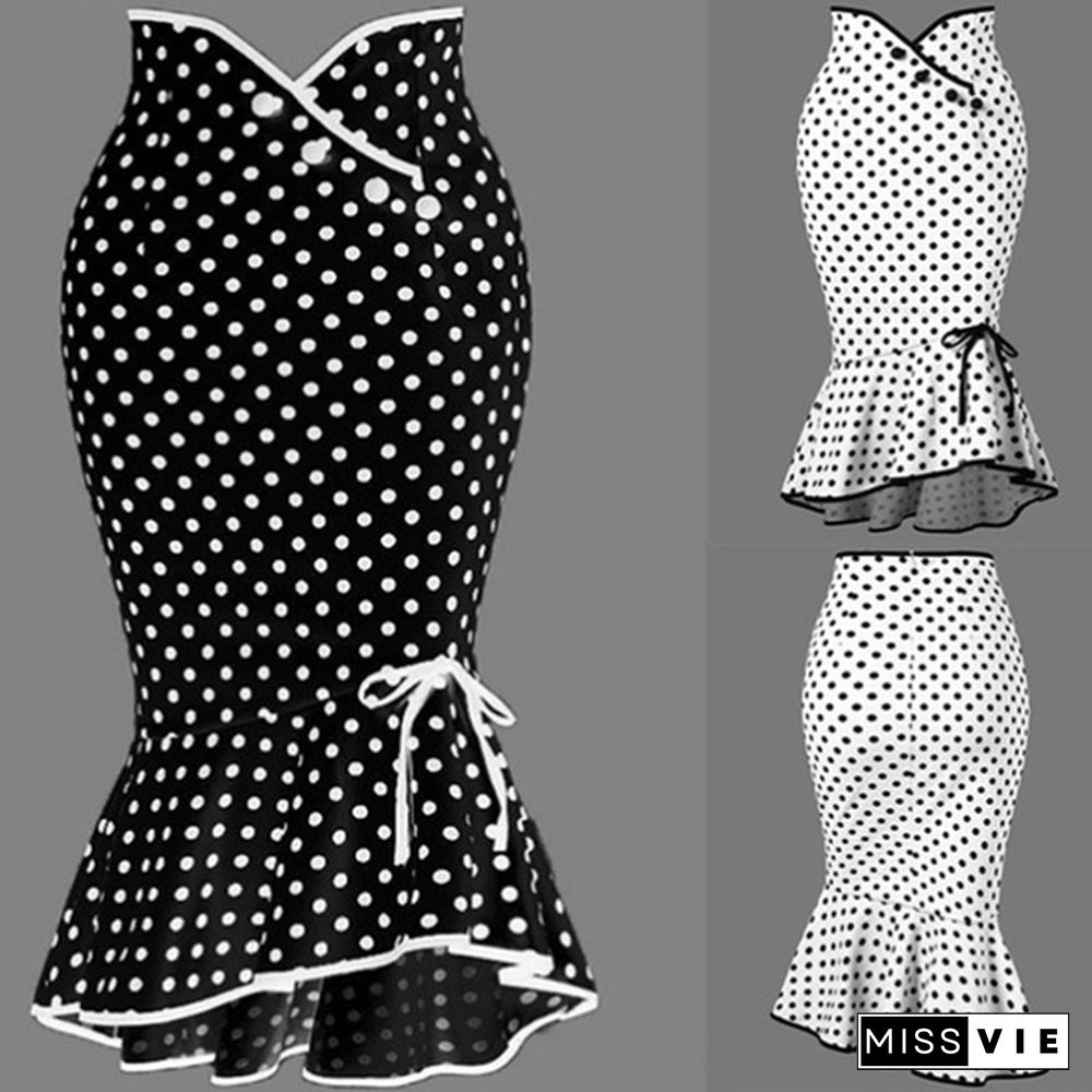 Summer Ladies Fashion Button Polka Dot Skirt