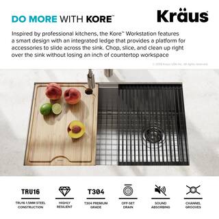 KRAUS Kore Workstation 27 in. 16-Gauge Undermount Single Bowl Stainless Steel Kitchen Sink with Accessories KWU110-27