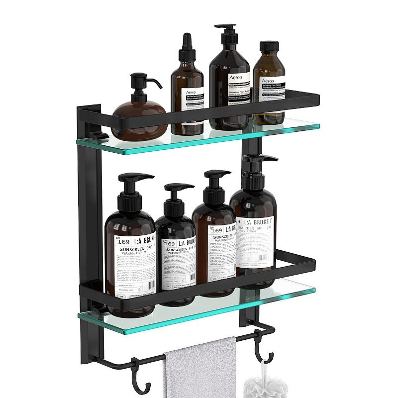 Wall Mounted Bathroom Organizer Shelf with 2-Tier Glass Shelves and Integrated Towel Bar