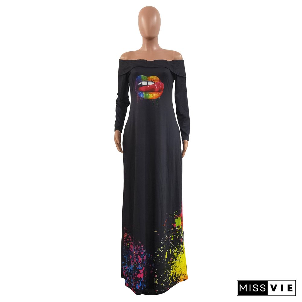 Rainbow Lip Print Off The Shoulder Slash Neck Maxi Dress