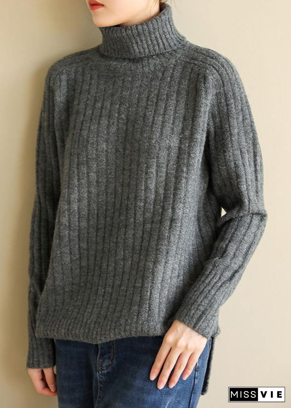 For Spring wild gray knitwear oversize high neck knit blouse