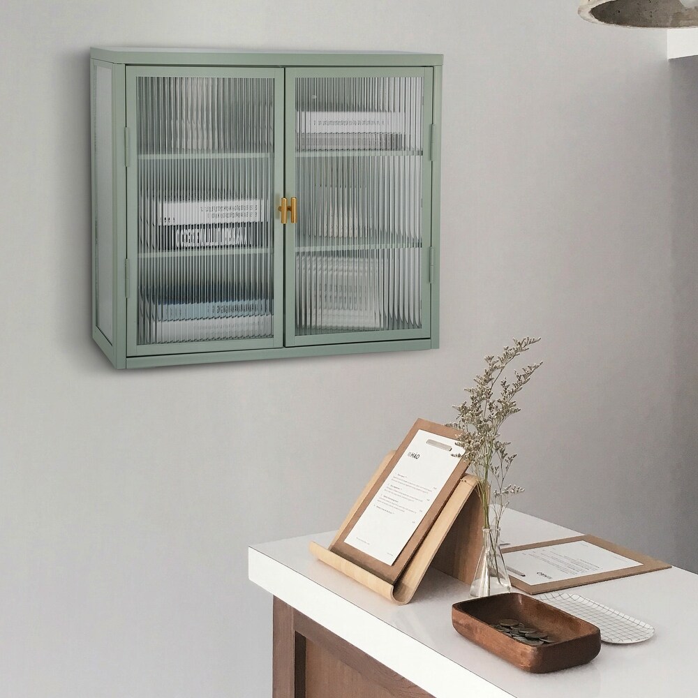 Double Glass Door Wall Cabinet With Detachable Shelves   N/A