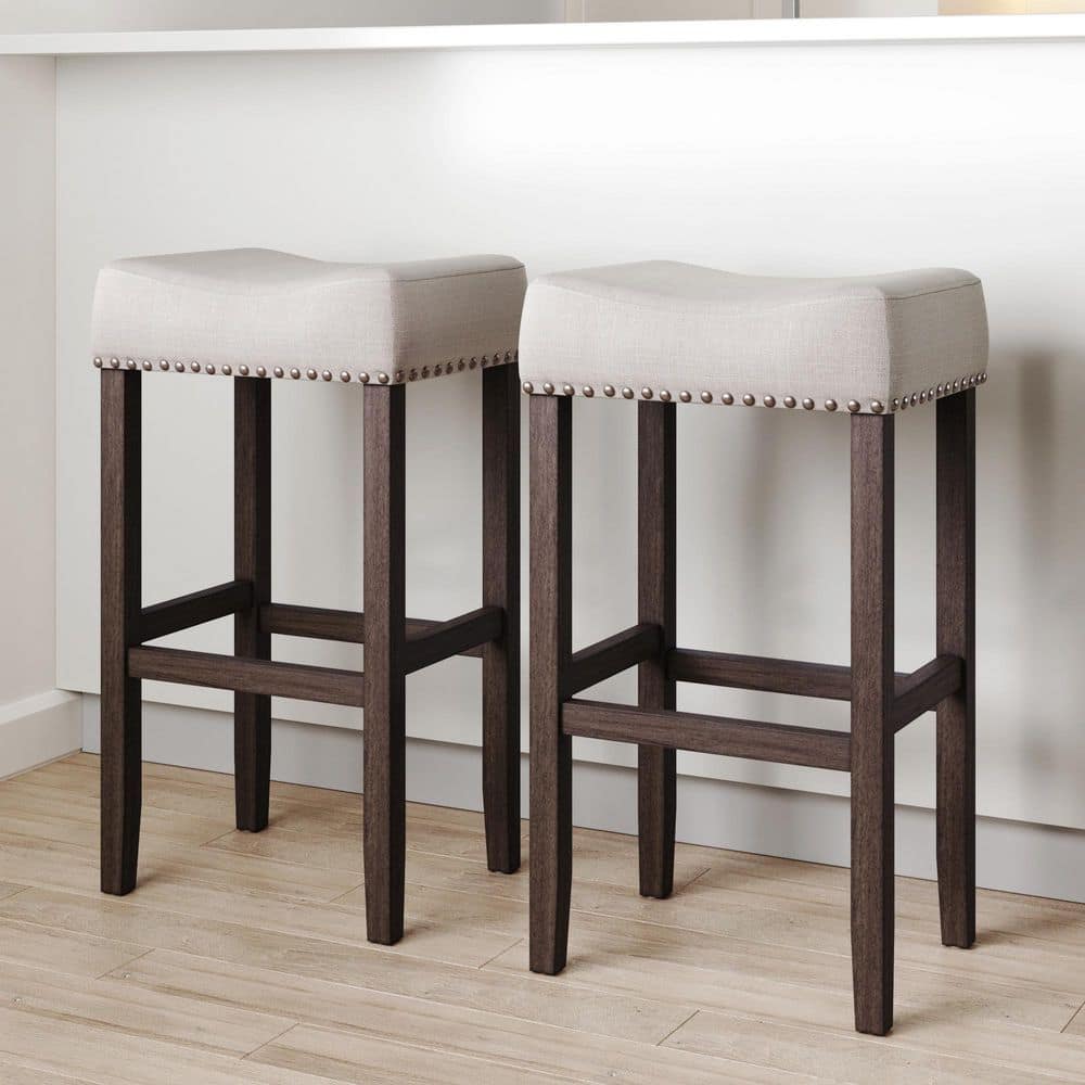 Nathan James Hylie 29 in. Gray Fabric Cushion Dark Brown Finish Nailhead Wood Pub-Height Counter Bar Stool (Set Of 2) 21402-2