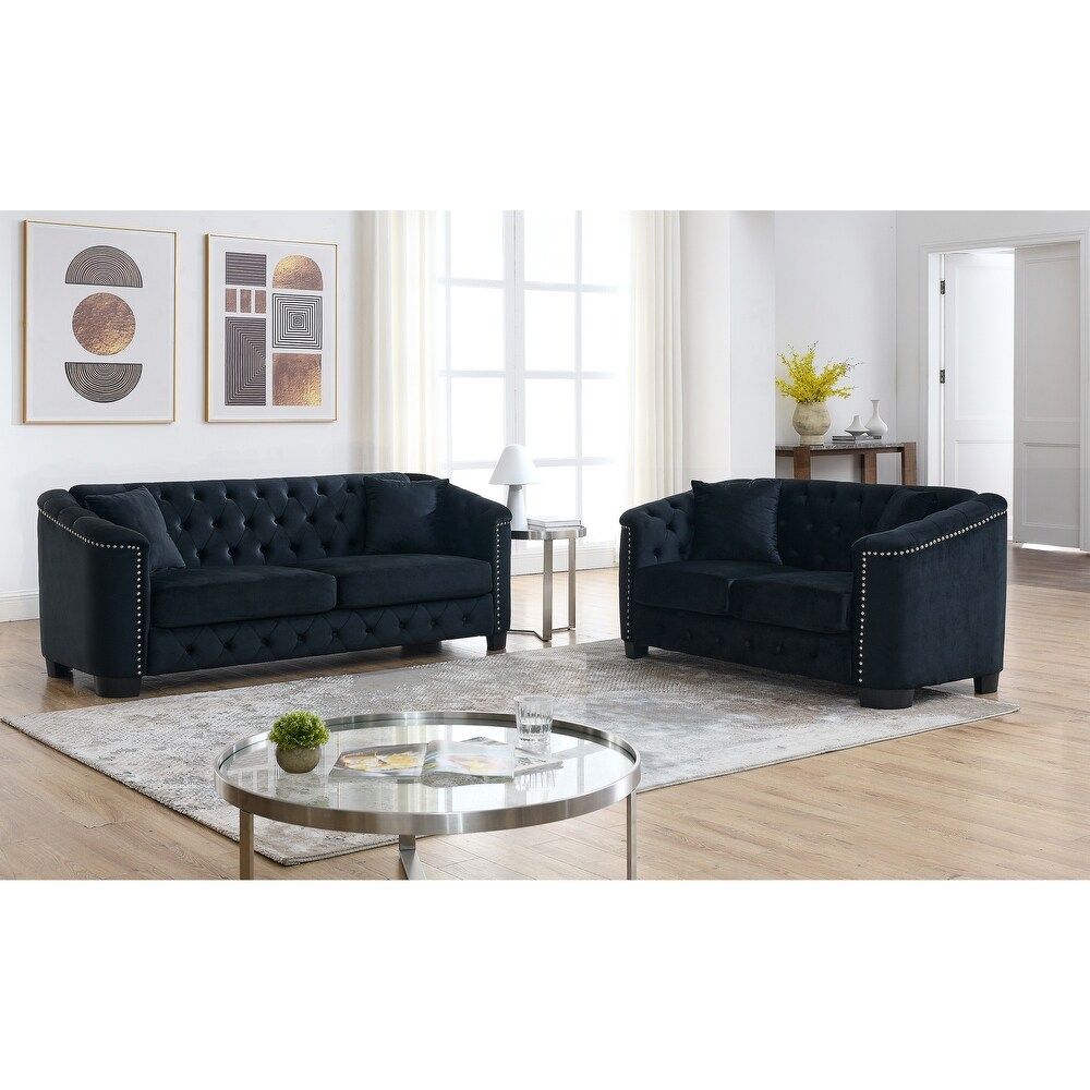 Black Modern Velvet Sofa Set with Nailhead Trim and Buttons (Includes Pillows  3 Seater + Loveseat)