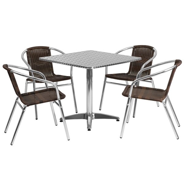 31.5'' Square Aluminum Indoor-Outdoor Table Set with 4 Rattan Chairs -  - 10763236