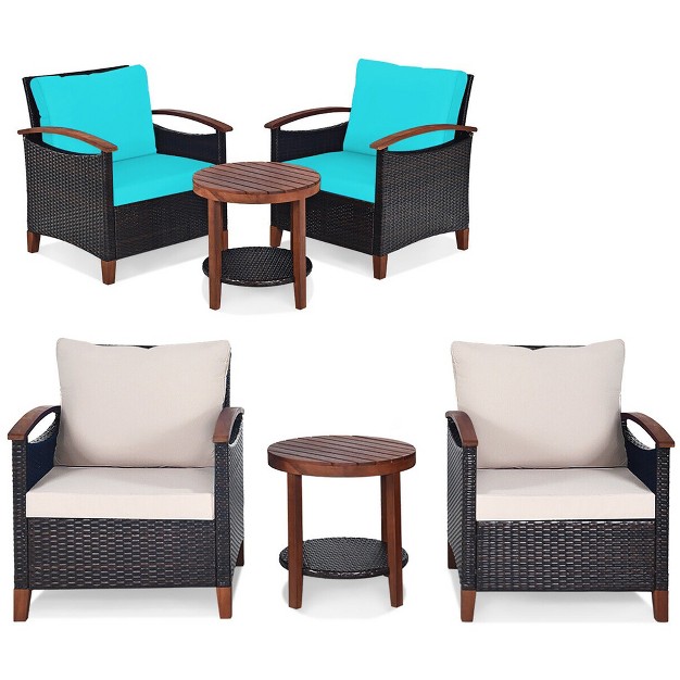 Tangkula 3pcs Patio Wicker Sofa Set Acacia Wood Frame W Cushion Covers Beige amp Turquoise