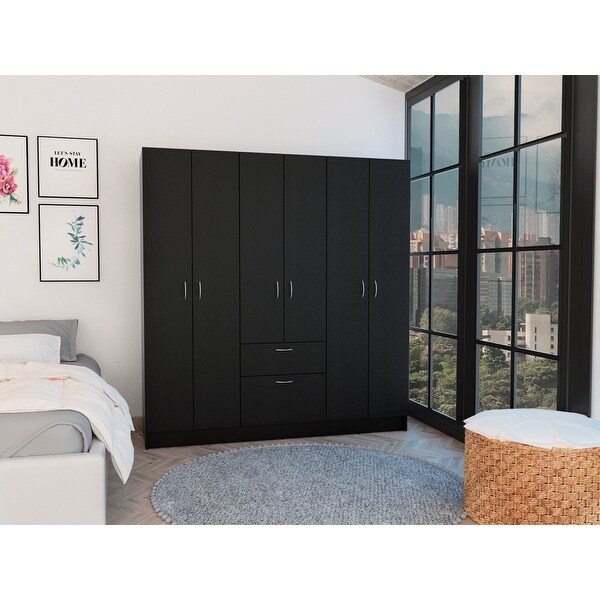 6-Door 1-Drawer Wardrobe Closet with Drawers and Shelves， Armoire Wardrobe Closet with Hanging Rod， Bedroom Armoire Closet - - 37828084