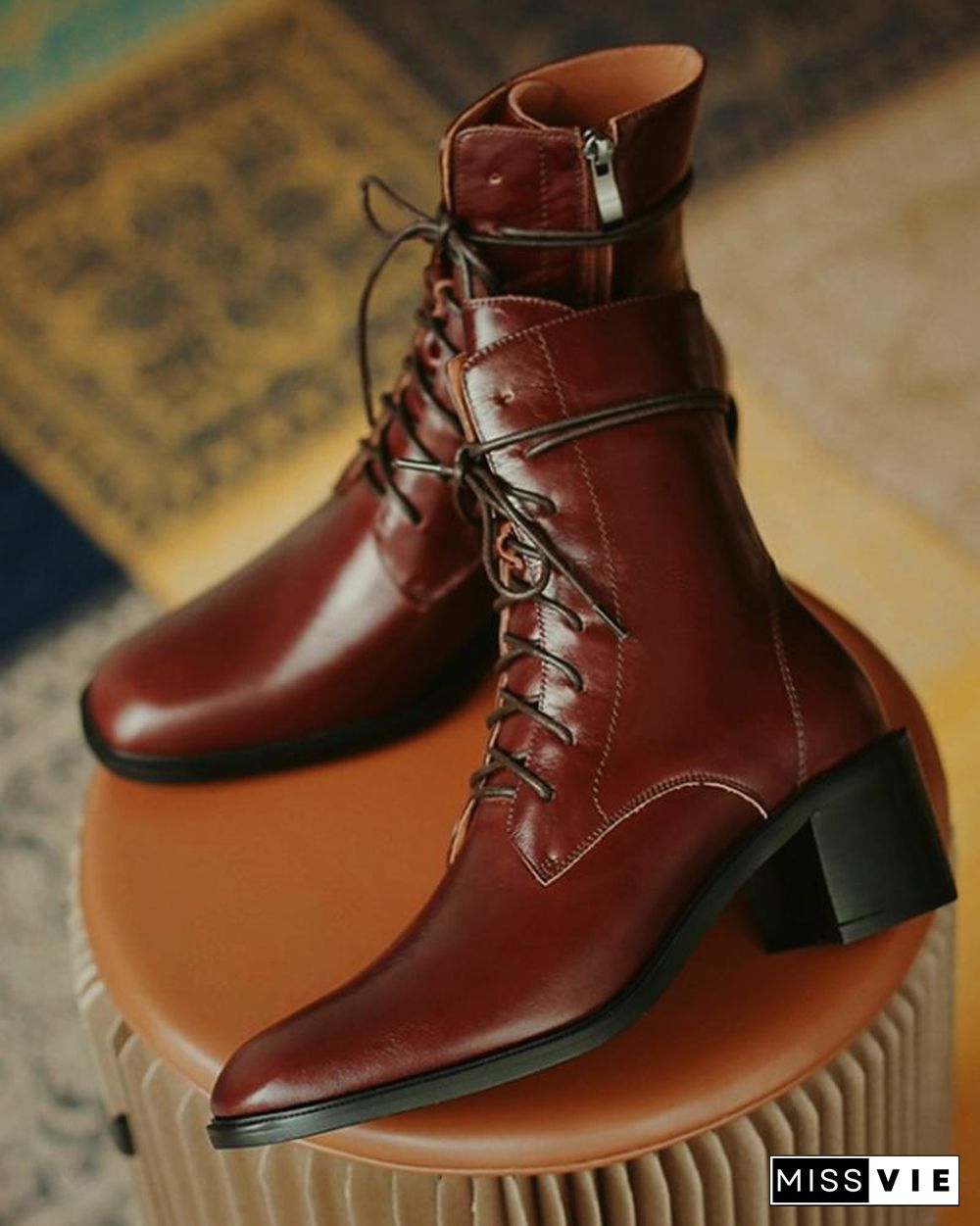 Pointed-toe Solid Color Lace-up Martin Boots