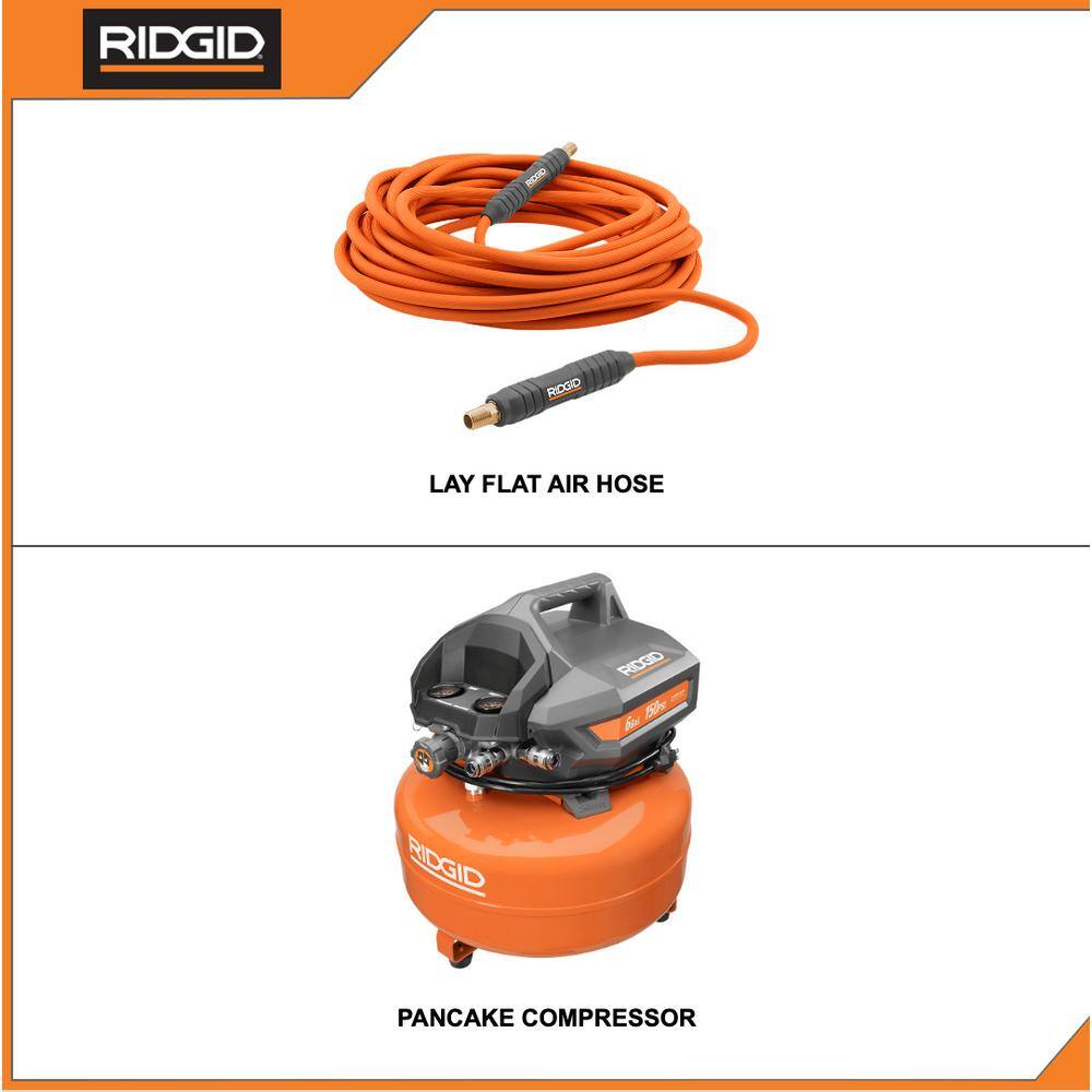 RIDGID 6 Gal. Portable Electric Pancake Air Compressor with 14 in. 50 ft. Lay Flat Air Hose OF60150HB-R5025LF