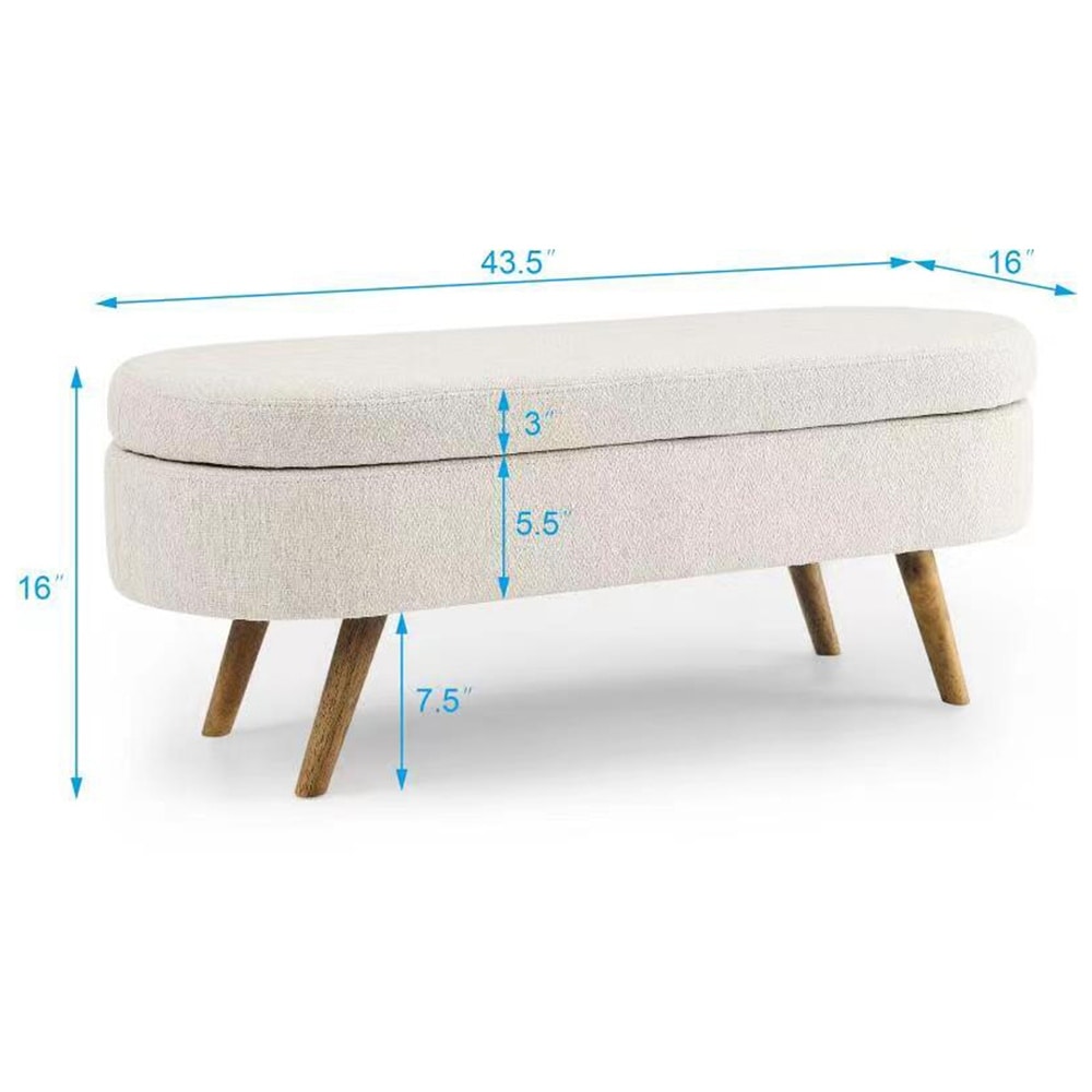 Bed Stool Oval Storage Bench  Rubber Wood Legs  Beige