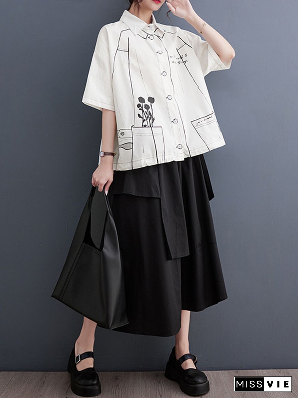 Loose Short Sleeves Contrast Color Printed Split-Joint Lapel Blouses