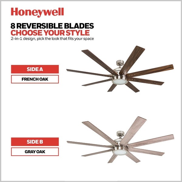 Honeywell Xerxes Brushed Nickel LED Remote Control Ceiling Fan， 8 Blade， Integrated Light - 62-inch Shopping - The Best Deals on Ceiling Fans | 31036785