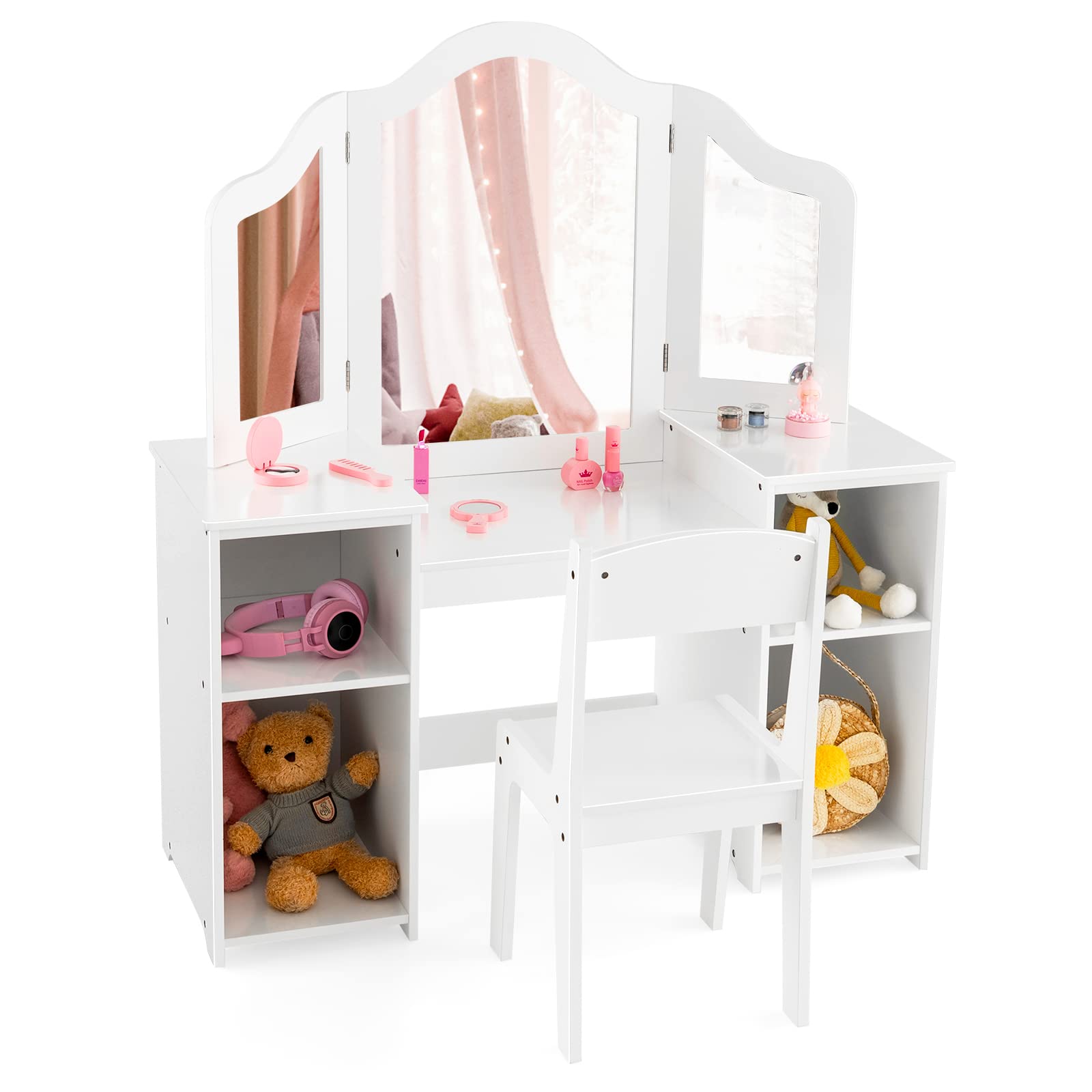 Costzon Kids Vanity Set, 2 in 1 Princess Makeup Dressing Table with Detachable Tri-Folding Mirror