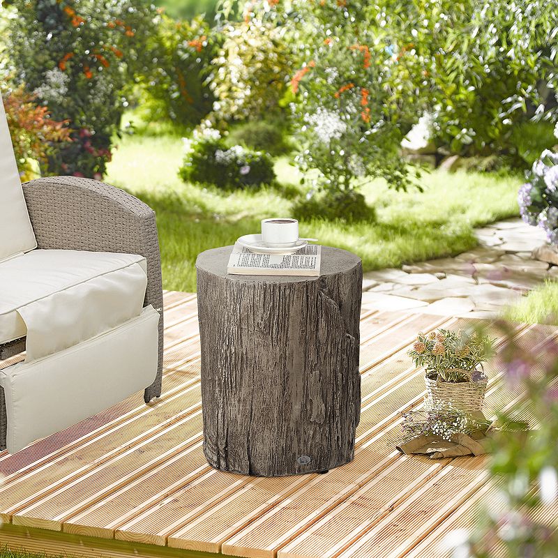 HOMCOM Decorative Side Table with Round Tabletop， Tree Stump Shape End Table with Wood Grain Finish， for Indoors and Outdoors， Grey