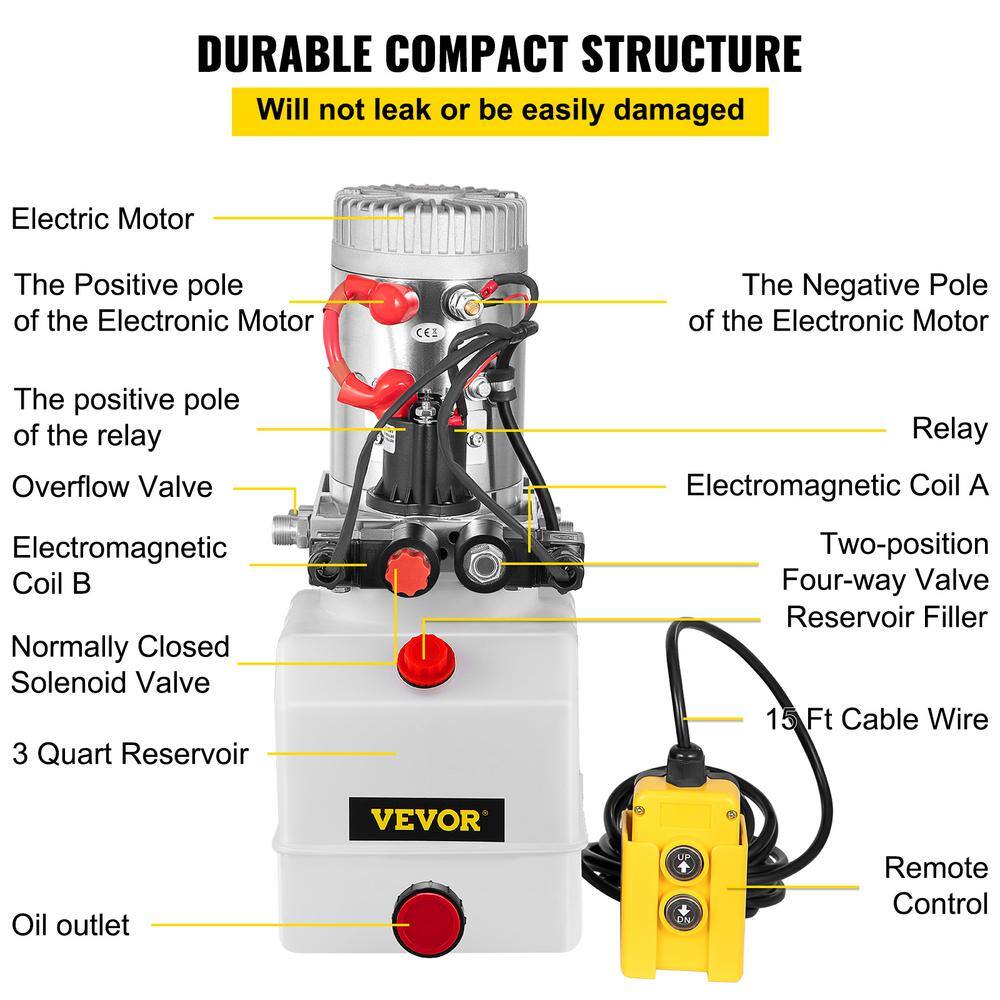 VEVOR Hydraulic Pump 3 Quart Dump Trailer Car Lifting Power Unit Double Acting 12-Volt DC Plastic for Stackers CZYYB3KTSLSZY0001V0