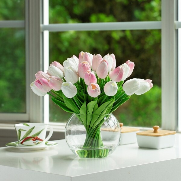 40 Pieces Real Touch Tulip Arrangement in Clear Glass Vase For Home Wedding Decoration