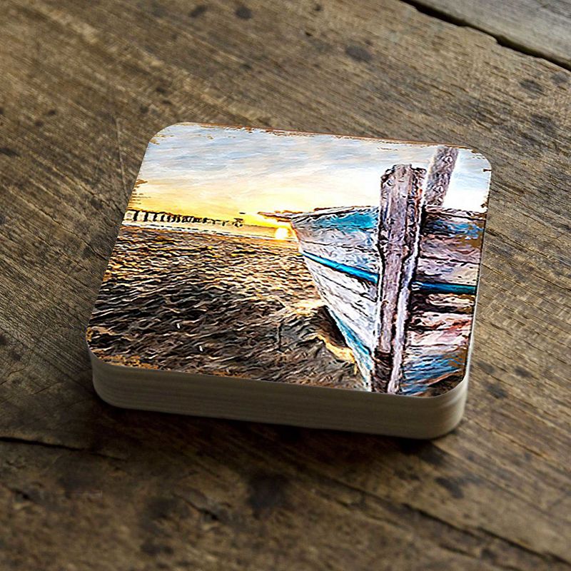 Beach Boat Coastal Wooden Cork Coasters Gift Set of 4 by Nature Wonders