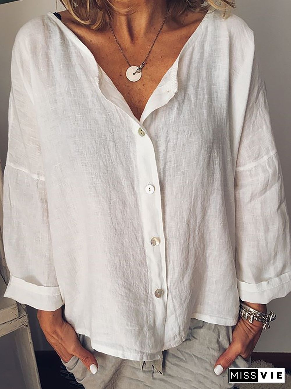 Long Sleeve Solid Shirts Plus Size Blouses Linen