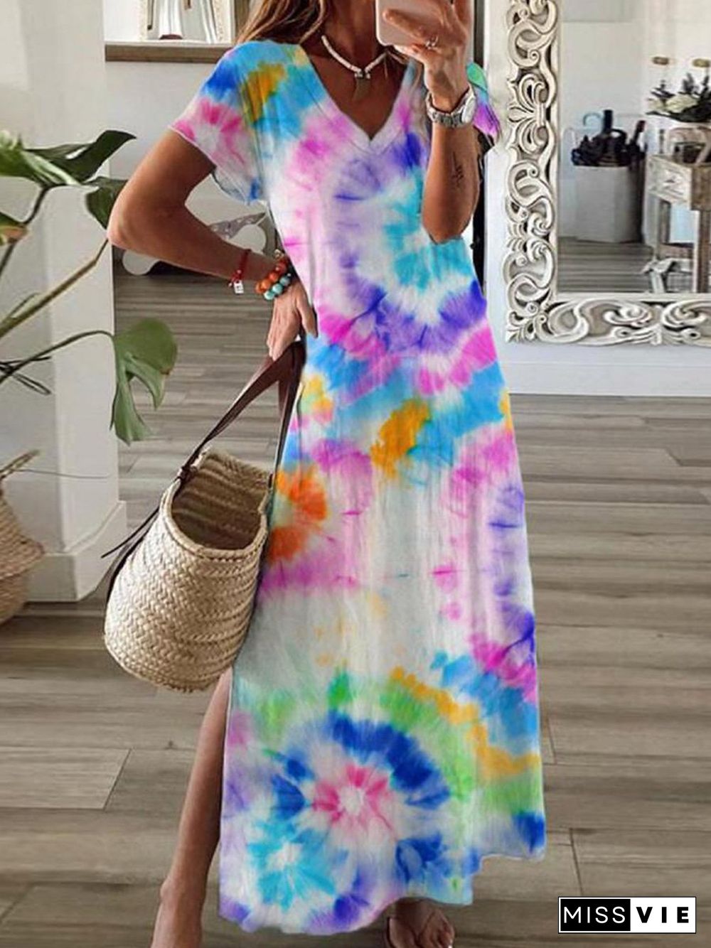 Trendy Tie Dye Print Thigh-High Side Slit Short Sleeve Maxi Dress P16039