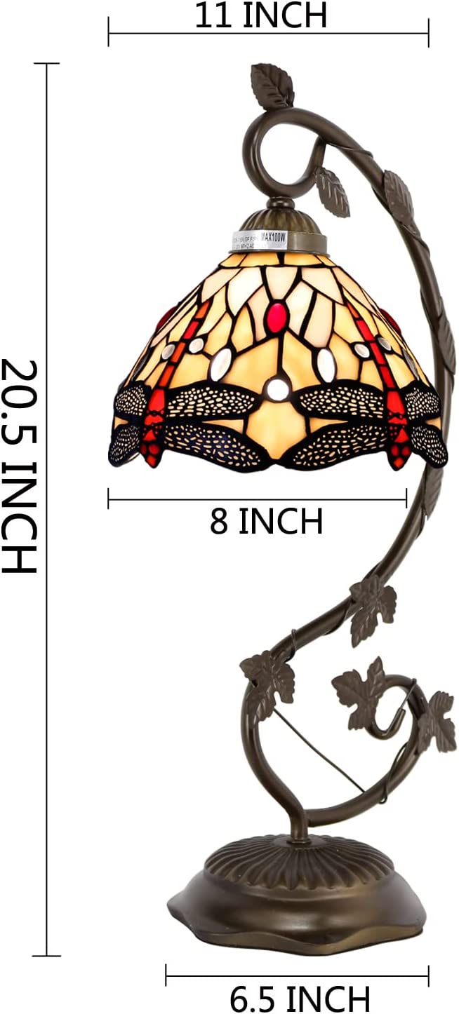 SHADY Tiffany Style Lamp Amber Stained Glass Dragonfly Table Lamp  Metal Leaf Base 8X10X21 Inches Desk Light Decor Small Space Bedroom Home Office S557 Series