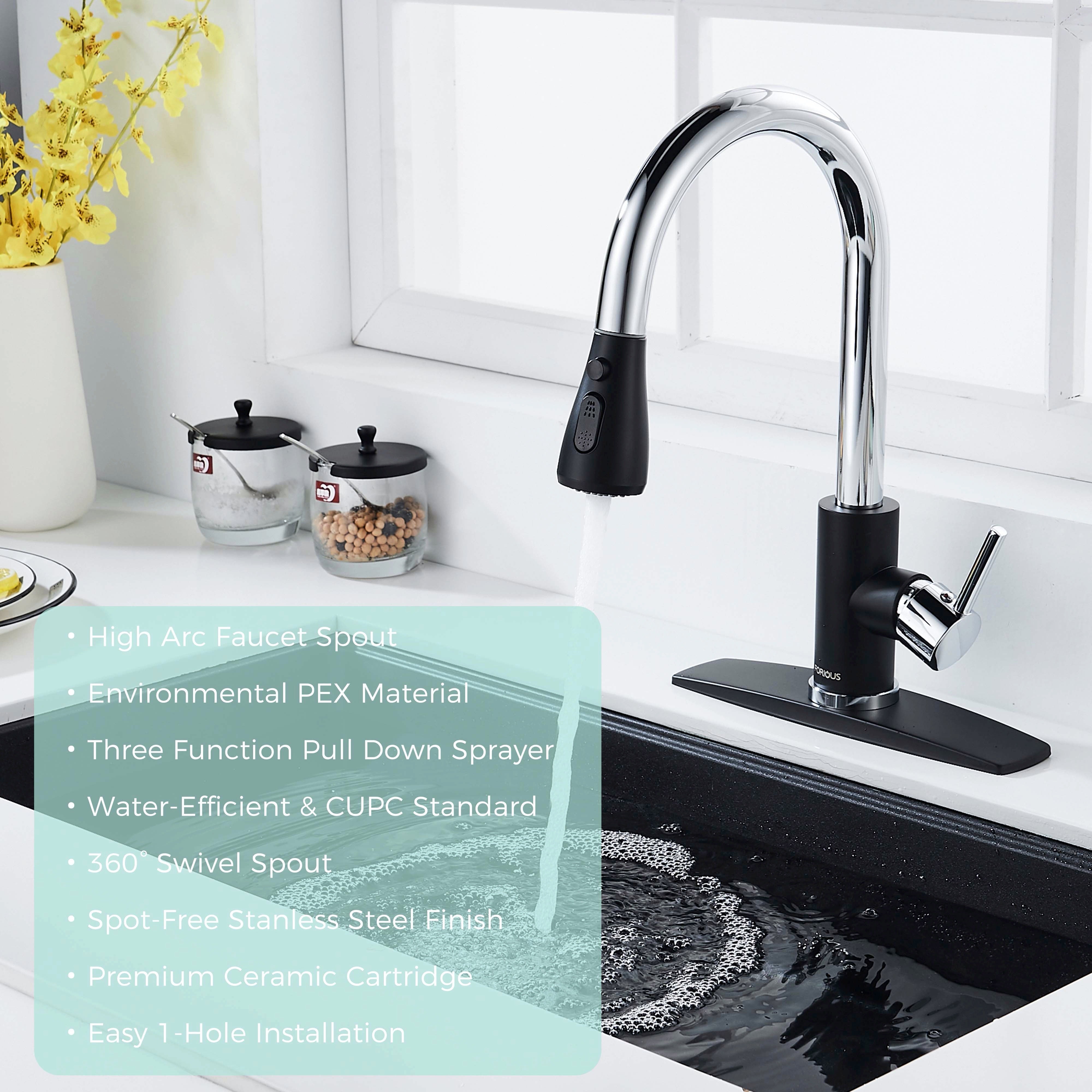 Forious Single Handle Pull Down Sprayer Kitchen Faucet Black Chrome in Kitchen