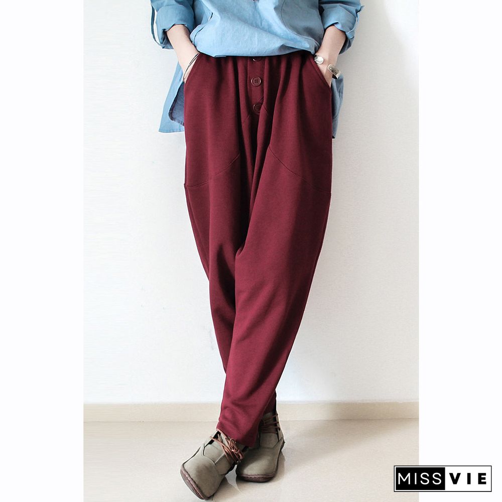 Burgundy warm winter pants thick cotton pants casual style buttons up