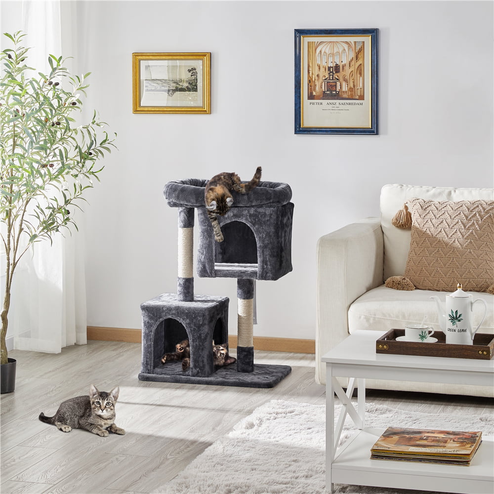 Easyfashion 33.5" Small Cat Tree Tower with 2 Condos, Dark Gray