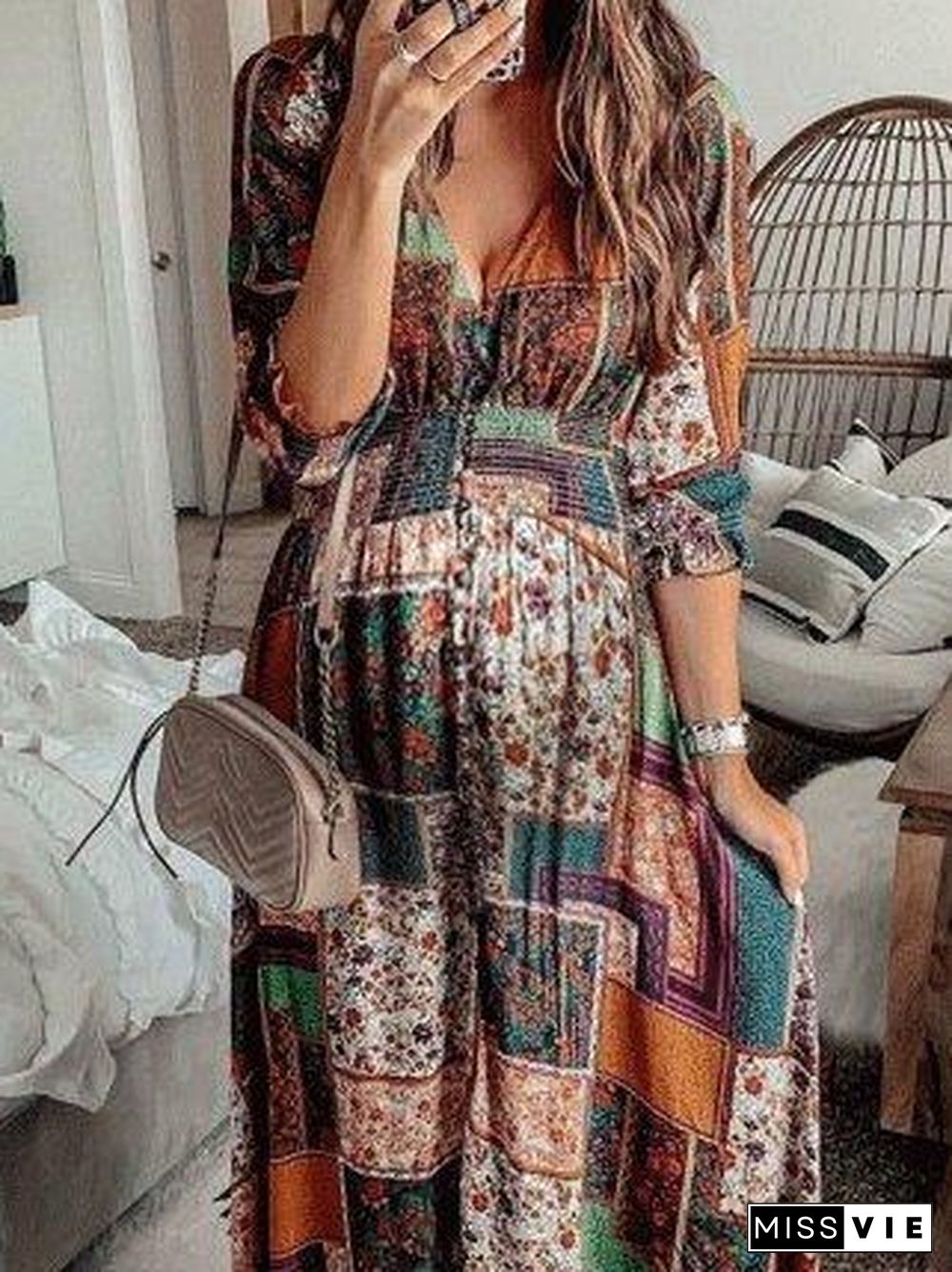 Bohemian Print V-Neck Long Sleeve Dress