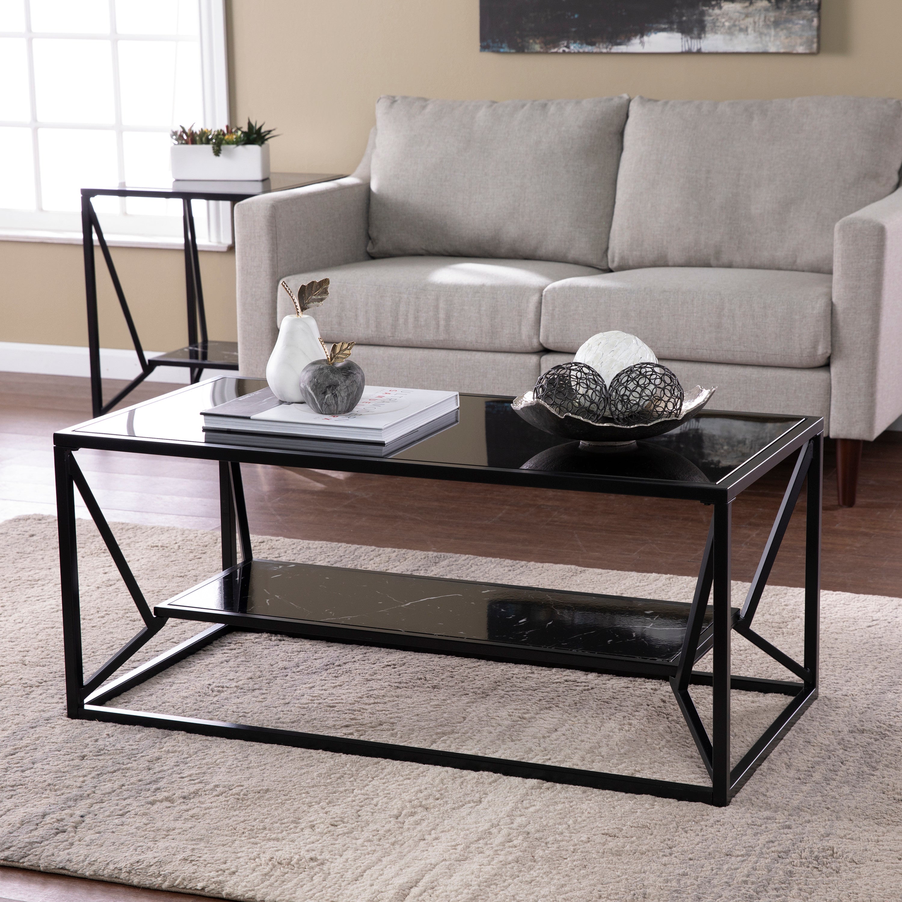 Southern Enterprises Argalla Modern Faux Marble Rectangle Coffee Table, Black