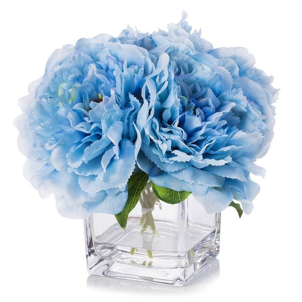 Enova Home Artificial Silk Peony Fake Flowers Arrangement in Cube Glass Vase with Faux Water for Home Wedding Decoration