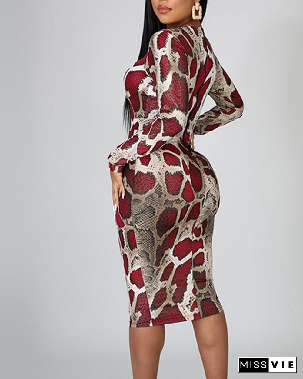 Snake Print Mesh Insert Bodycon Dress