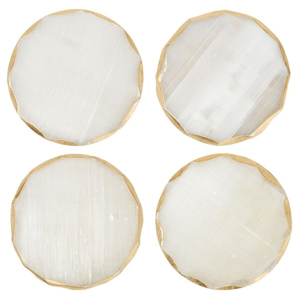 4 Pack Natural Selenite Crystal Coasters for Drinks， Geode Slices with Gold Painted Edge (3.75-4 In)