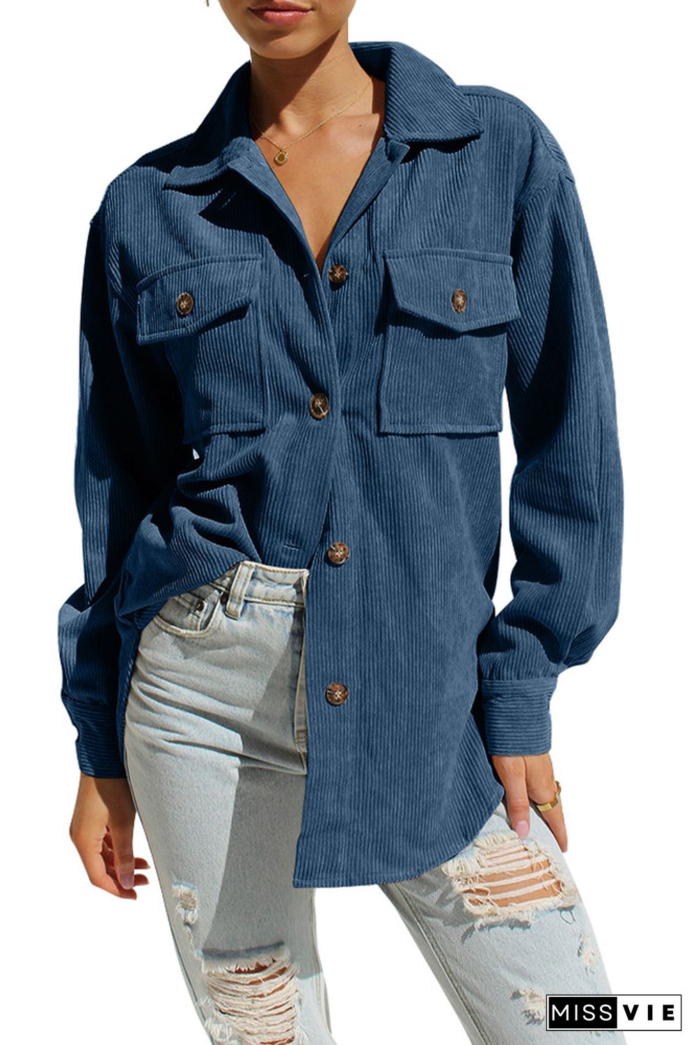 Plain Button Up Pockets Corduroy Jacket